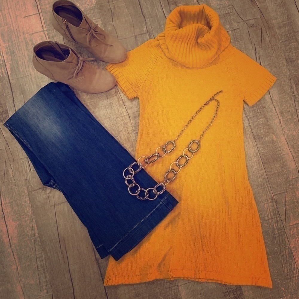 Mustard Yellow Sweater Dress Small Chunky Ribbed Knit Turtleneck Cowl Neck A-Lin